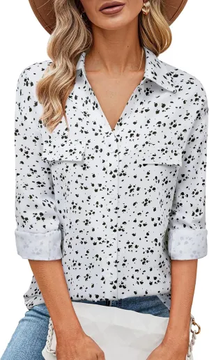 Lotusmile Women's Dressy Lapel Button Down Shirts for Work Office Business Casual Chiffon Blouse Tops