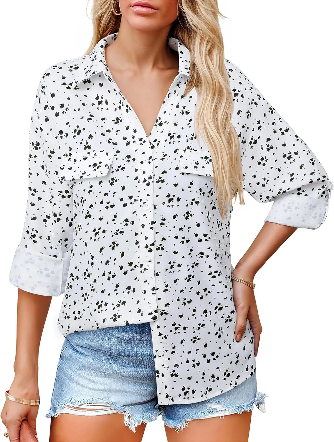 Lotusmile Women's Dressy Lapel Button Down Shirts for Work Office Business Casual Chiffon Blouse Tops