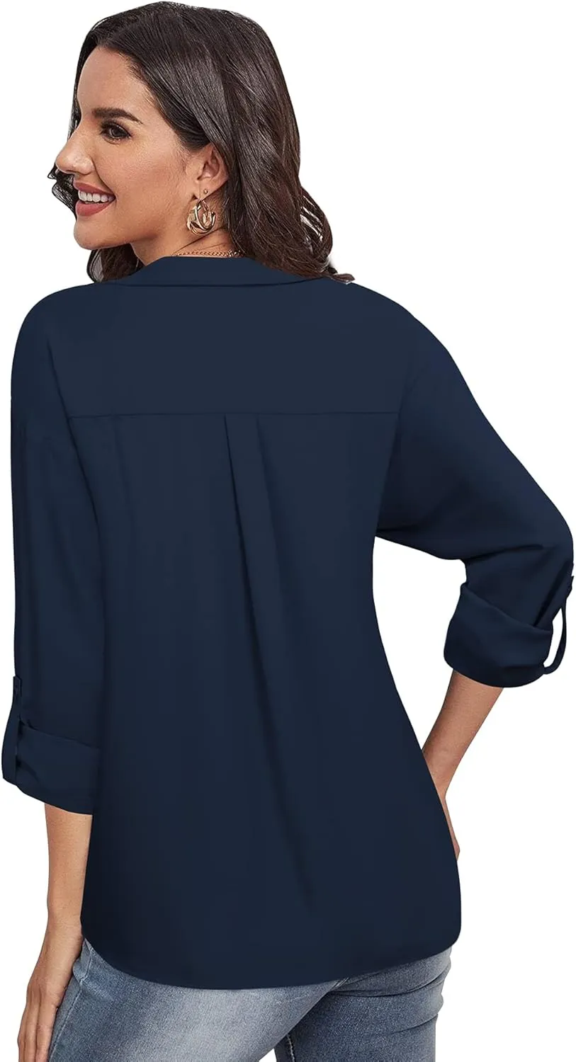 Lotusmile Women's Dressy Lapel Button Down Shirts for Work Office Business Casual Chiffon Blouse Tops
