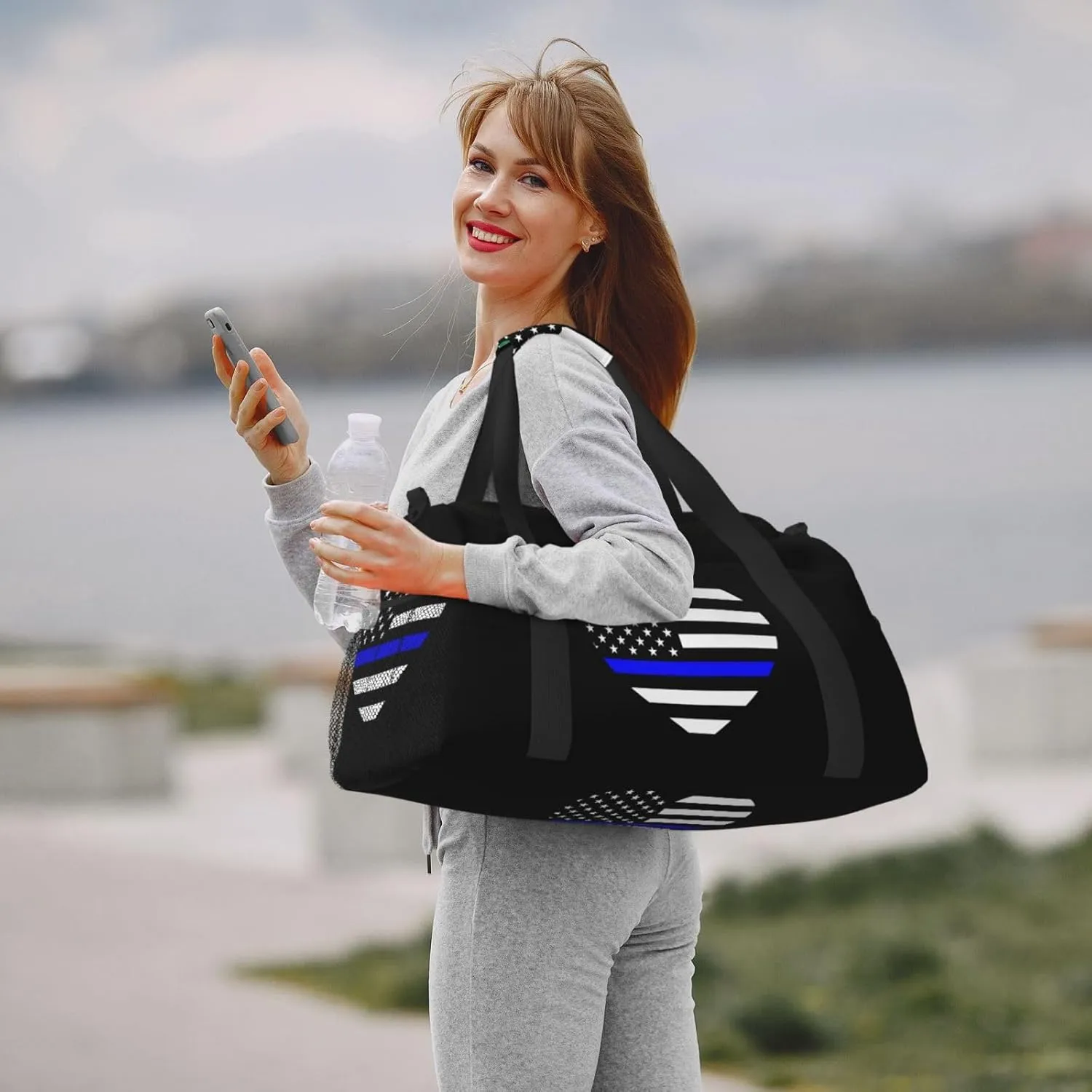 Love Blue Thin Line American Flag Travel Duffel Bag Large Foldable Waterproof Overnight Bag For Beach Swim Bags Pool Sports Gym