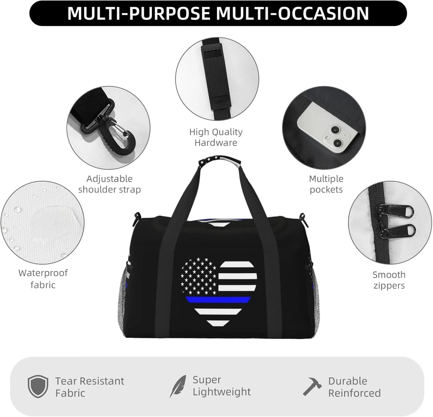 Love Blue Thin Line American Flag Travel Duffel Bag Large Foldable Waterproof Overnight Bag For Beach Swim Bags Pool Sports Gym