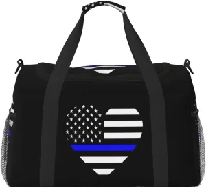 Love Blue Thin Line American Flag Travel Duffel Bag Large Foldable Waterproof Overnight Bag For Beach Swim Bags Pool Sports Gym