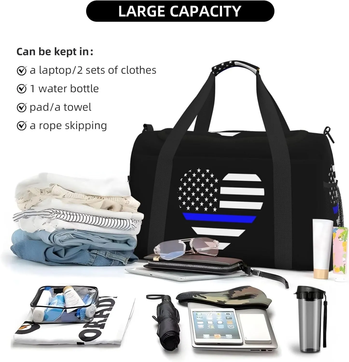 Love Blue Thin Line American Flag Travel Duffel Bag Large Foldable Waterproof Overnight Bag For Beach Swim Bags Pool Sports Gym