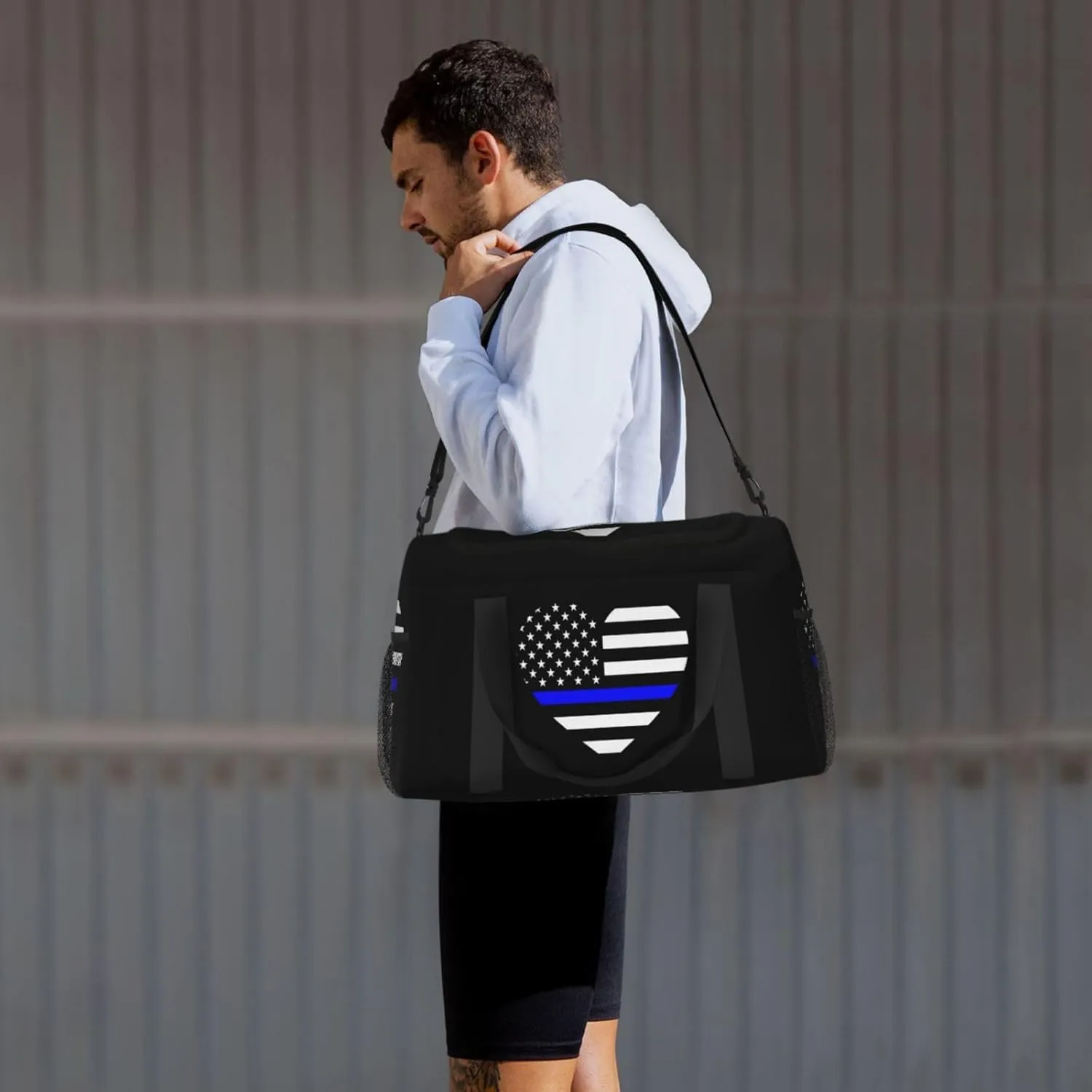 Love Blue Thin Line American Flag Travel Duffel Bag Large Foldable Waterproof Overnight Bag For Beach Swim Bags Pool Sports Gym