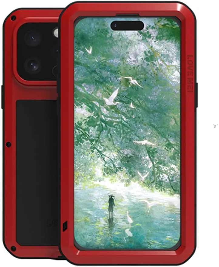 LOVE MEI for iPhone 16 Pro Max Case, Heavy Duty Rugged Full Body Protection Military Armor Bumper Aluminum Metal Dust/Shockproof Case with Tempered Glass (Red)