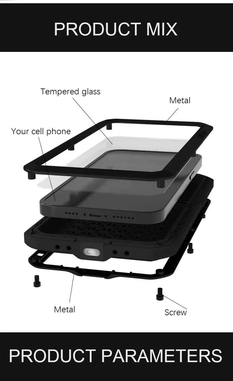 LOVE MEI for iPhone 16 Pro Max Case, Heavy Duty Rugged Full Body Protection Military Armor Bumper Aluminum Metal Dust/Shockproof Case with Tempered Glass (Red)