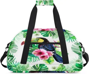 Lovely Toucan Gym Duffel Bag for Men Women Palm Leaf Sports Tote Bag with Adjustable Shoulder Strap for Dance Gymnastics Traveling Outdoor Camping Overnight Stay