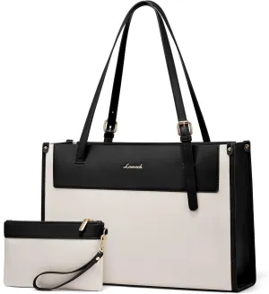 LOVEVOOK Laptop Tote Bag For Women 17.3 Inch Stylish Leather Work Tote Bag Purse Large Capacity And Waterproof Computer Briefcase For Business Office Travel, White-Black