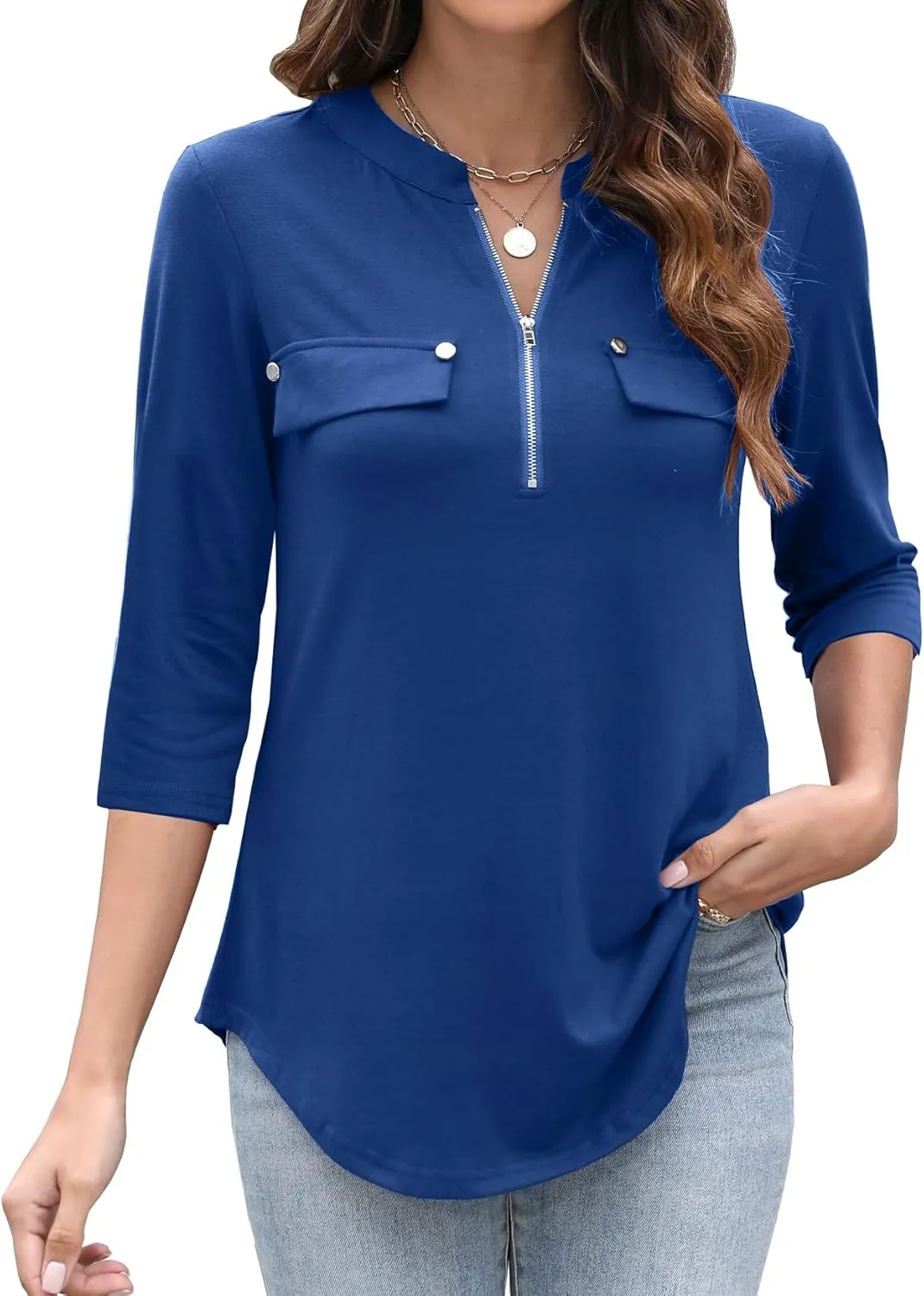 LuckyMore Women's 3/4 Sleeve Tops Zip V Neck Dressy Business Casual Work Blouses Shirts