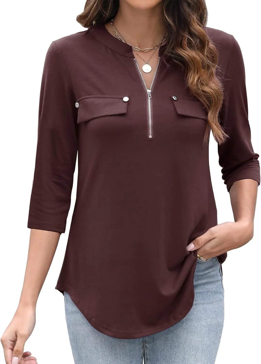 LuckyMore Women's 3/4 Sleeve Tops Zip V Neck Dressy Business Casual Work Blouses Shirts