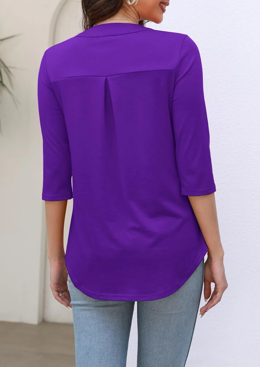 LuckyMore Women's 3/4 Sleeve Tops Zip V Neck Dressy Business Casual Work Blouses Shirts