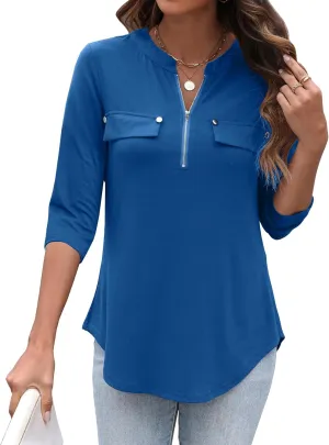 LuckyMore Women's 3/4 Sleeve Tops Zip V Neck Dressy Business Casual Work Blouses Shirts