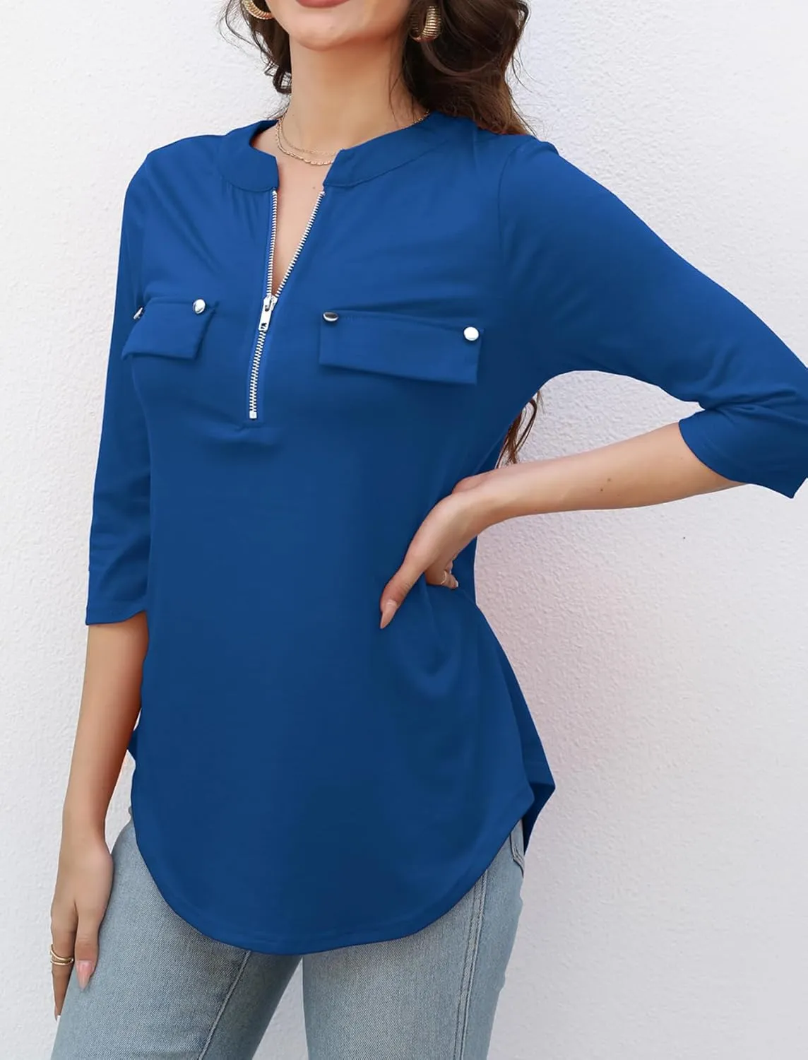 LuckyMore Women's 3/4 Sleeve Tops Zip V Neck Dressy Business Casual Work Blouses Shirts