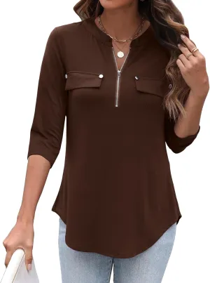 LuckyMore Women's 3/4 Sleeve Tops Zip V Neck Dressy Business Casual Work Blouses Shirts