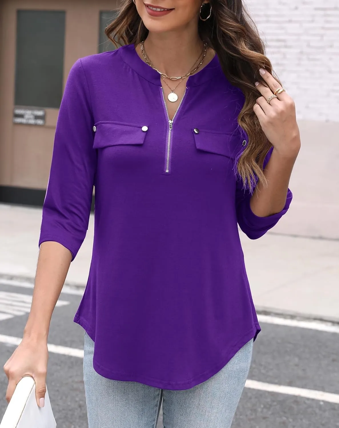 LuckyMore Women's 3/4 Sleeve Tops Zip V Neck Dressy Business Casual Work Blouses Shirts