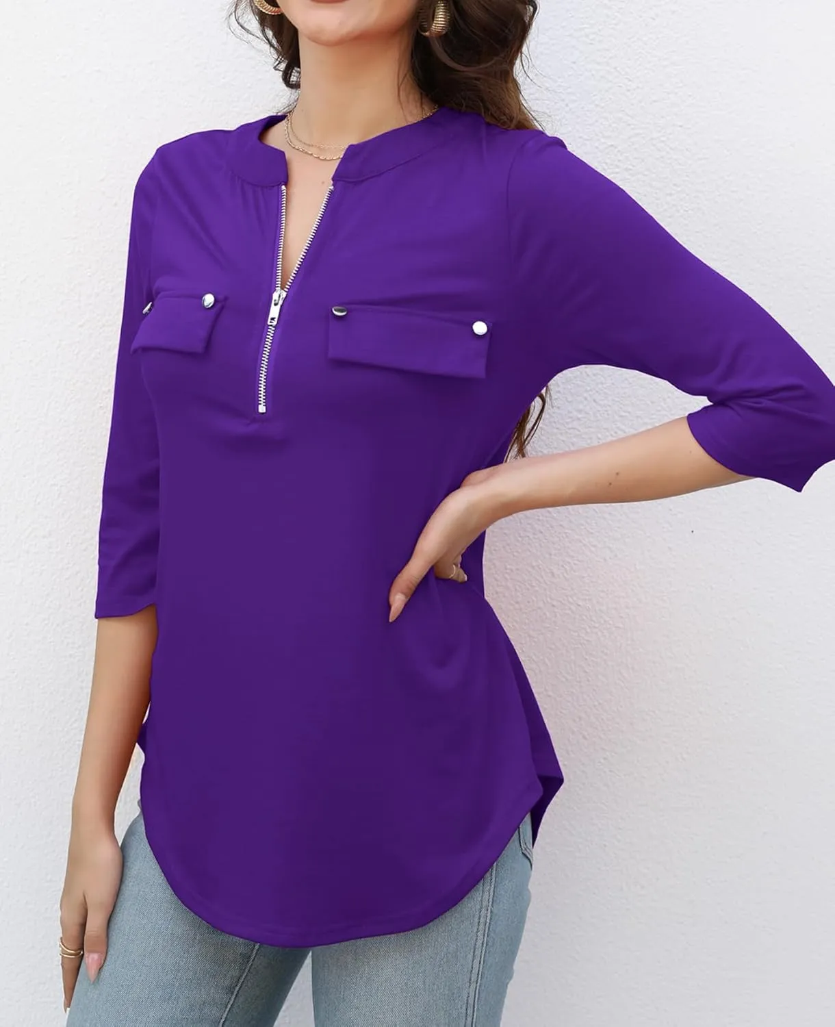 LuckyMore Women's 3/4 Sleeve Tops Zip V Neck Dressy Business Casual Work Blouses Shirts