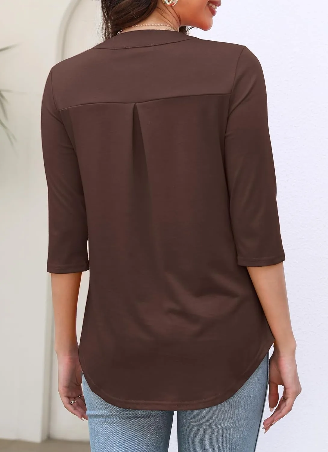LuckyMore Women's 3/4 Sleeve Tops Zip V Neck Dressy Business Casual Work Blouses Shirts