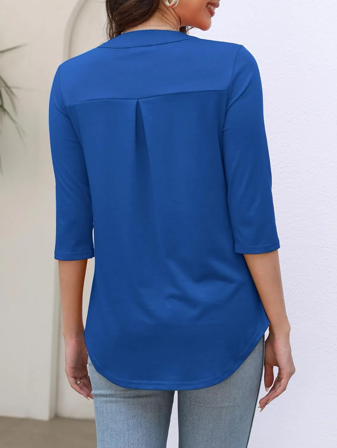 LuckyMore Women's 3/4 Sleeve Tops Zip V Neck Dressy Business Casual Work Blouses Shirts