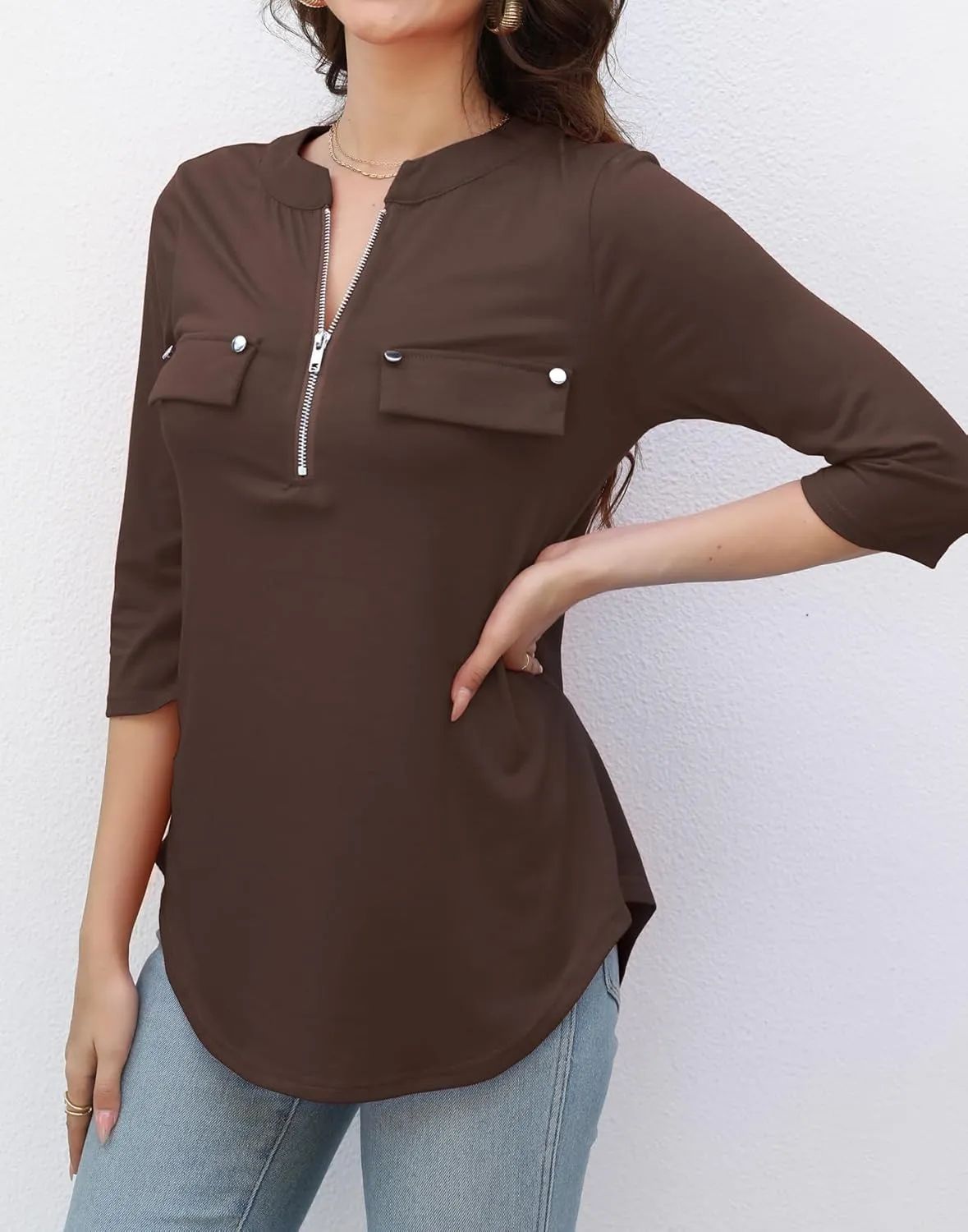 LuckyMore Women's 3/4 Sleeve Tops Zip V Neck Dressy Business Casual Work Blouses Shirts
