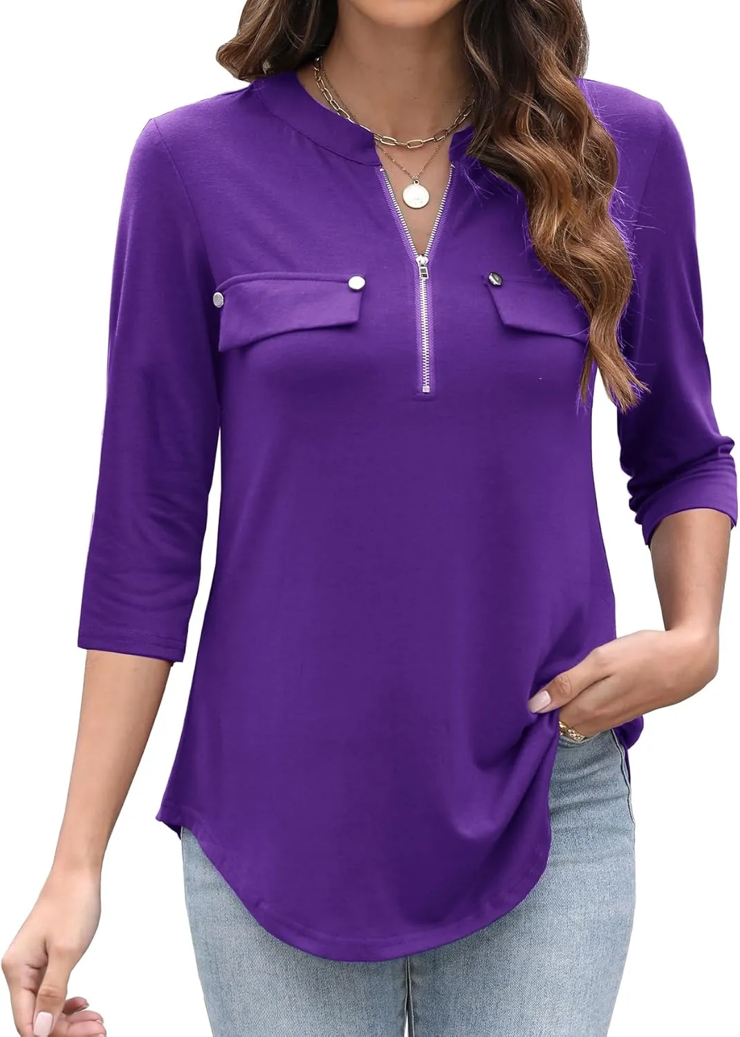LuckyMore Women's 3/4 Sleeve Tops Zip V Neck Dressy Business Casual Work Blouses Shirts