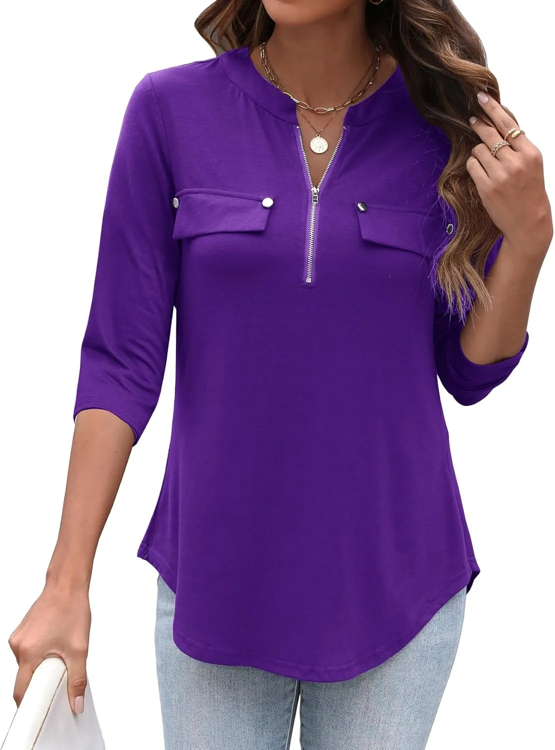 LuckyMore Women's 3/4 Sleeve Tops Zip V Neck Dressy Business Casual Work Blouses Shirts