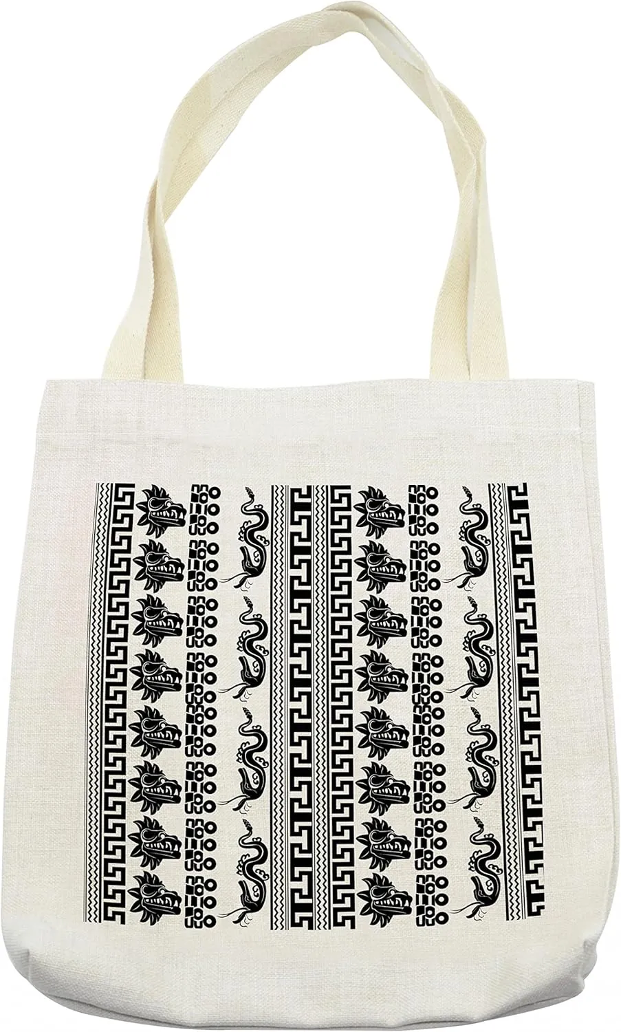 Lunarable Aztec Tote Bag, Mythological in Civilizations Vertical Stripes with Spirit Ornaments, Cloth Linen Reusable Bag for Shopping Books Beach and More, 16.5" X 14", Cream