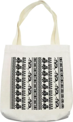 Lunarable Aztec Tote Bag, Mythological in Civilizations Vertical Stripes with Spirit Ornaments, Cloth Linen Reusable Bag for Shopping Books Beach and More, 16.5" X 14", Cream