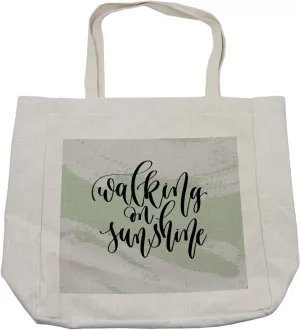 Lunarable Beach Saying Shopping Bag, Cursive Walking on Sunshine on Grunge Strokes, Eco-Friendly Reusable Bag for Groceries Beach and More, 15.5" X 14.5", Cream