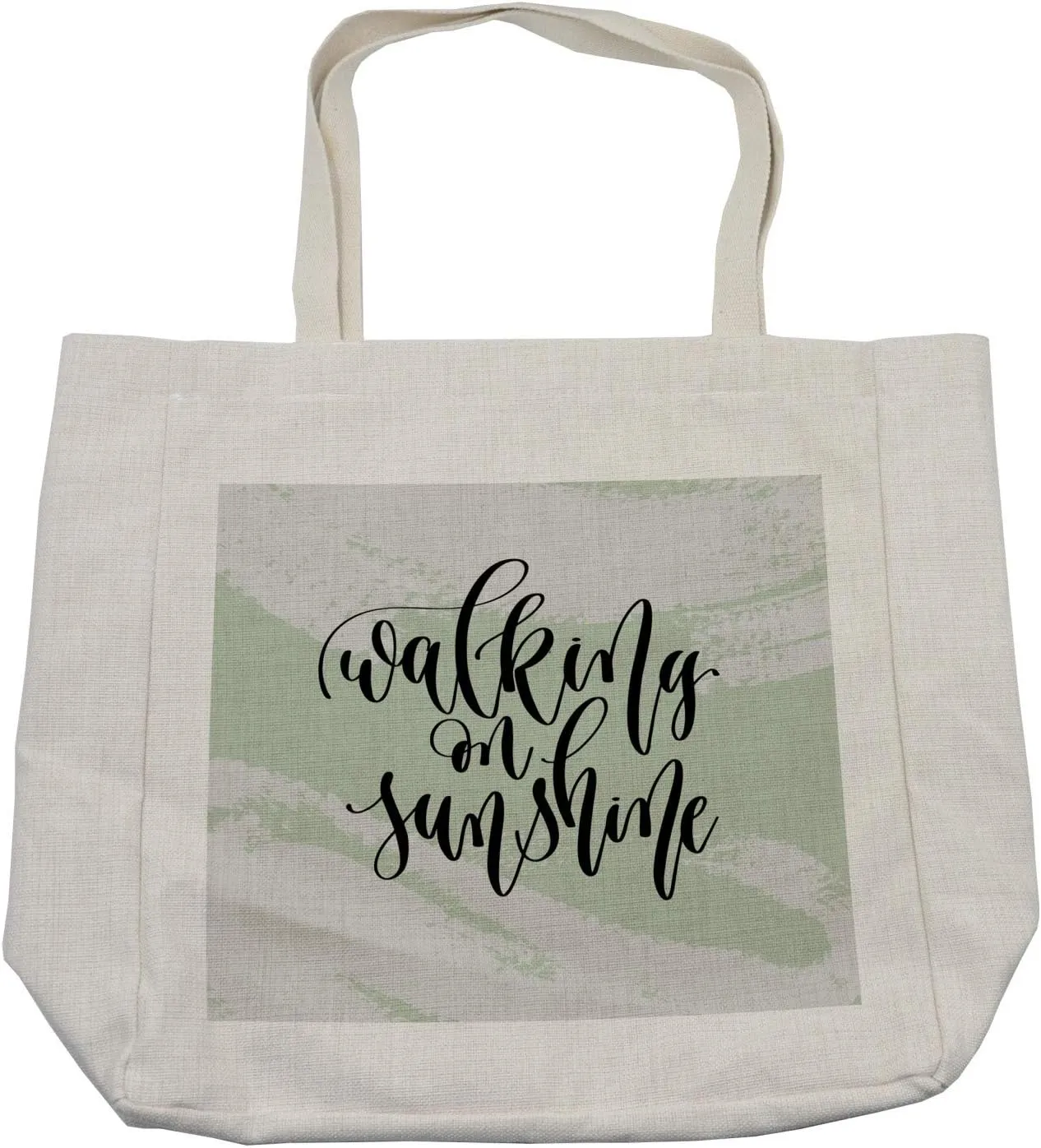 Lunarable Beach Saying Shopping Bag, Cursive Walking on Sunshine on Grunge Strokes, Eco-Friendly Reusable Bag for Groceries Beach and More, 15.5" X 14.5", Cream