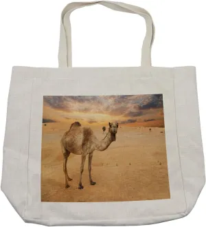 Lunarable Camel Shopping Bag, Sandy Dunes Atmohpshere and Hills Drought Setting Cloudy Sky Culture, Eco-Friendly Reusable Bag for Groceries Beach and More, 15.5" X 14.5", Sand Brown and Multicolor