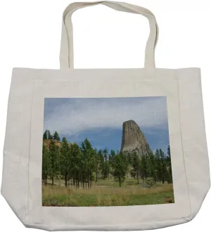 Lunarable Devils Tower Shopping Bag, Geology Outdoor Nature Photography with Trees and Landmark Famous Spots, Eco-Friendly Reusable Bag for Groceries Beach and More, 15.5" X 14.5", Cream