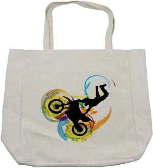 Lunarable Dirt Bike Shopping Bag, Illustration of a Biker Performing a Stunt Move on a Colorful Grunge Backdrop, Eco-Friendly Reusable Bag for Groceries Beach and More, 15.5" X 14.5", Cream