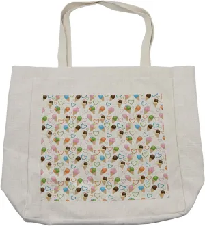 Lunarable Ice Cream Shopping Bag, Refreshing Summer Food with 3 Different Scoops and Colorful Hearts, Eco-Friendly Reusable Bag for Groceries Beach and More, 15.5" X 14.5", Cream