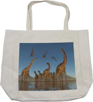 Lunarable Jurassic Shopping Bag, Illustration of Cretaceous Argentinosaurus and Anhanguera Reptiles Flying Above, Eco-Friendly Reusable Bag for Groceries Beach and More, 15.5" X 14.5", Cream