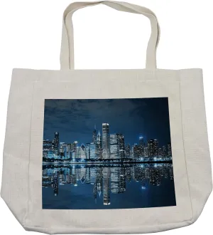 Lunarable Landscape Shopping Bag, Chicago Night Sky with Skyscrapers Financial District Tourist Attraction, Eco-Friendly Reusable Bag for Groceries Beach and More, 15.5" X 14.5", Cream