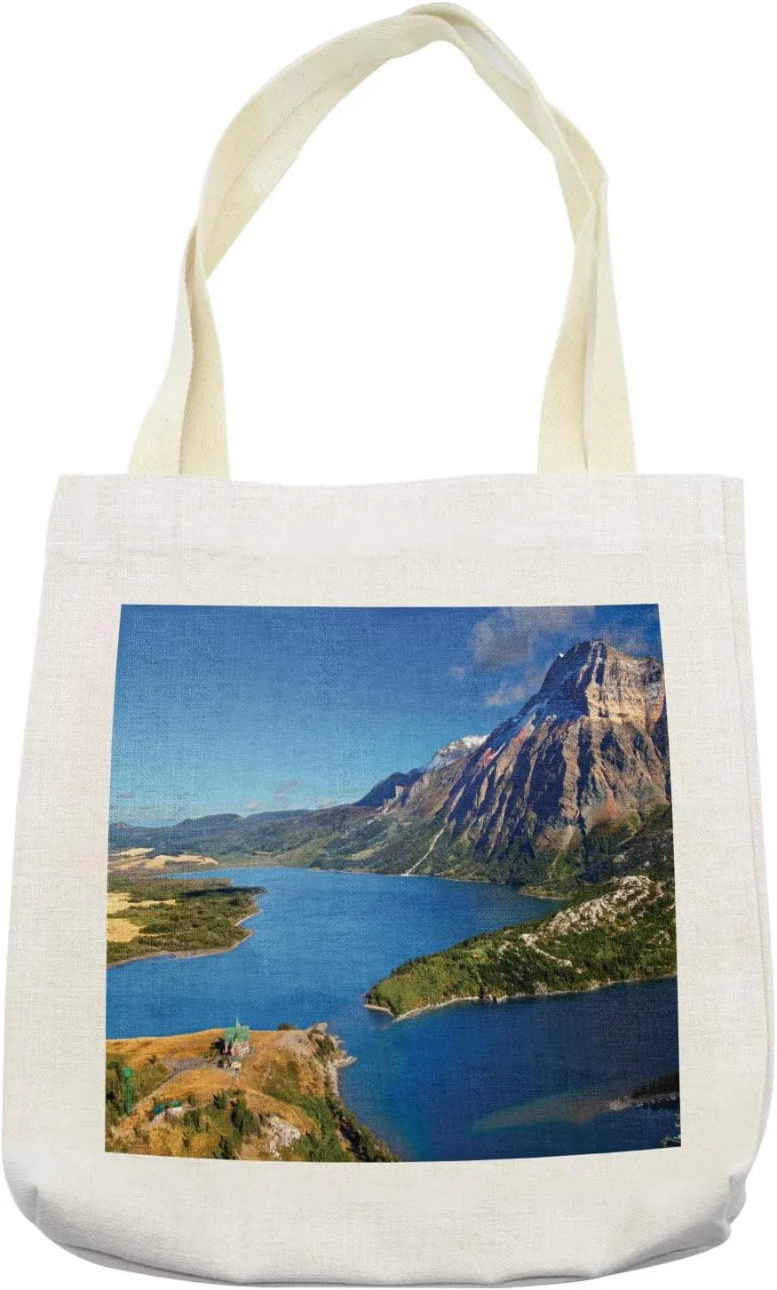 Lunarable National Park Tote Bag, Waterton Lakes National Park Canada View Steep Mountains Environmental, Cloth Linen Reusable Bag for Shopping Books Beach and More, 16.5" X 14", Cream