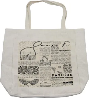 Lunarable Old Newspaper Shopping Bag, Vintage Fashion Themed Shoes Handbag Purses with Ornate Details Retro, Eco-Friendly Reusable Bag for Groceries Beach and More, 15.5" X 14.5", Cream