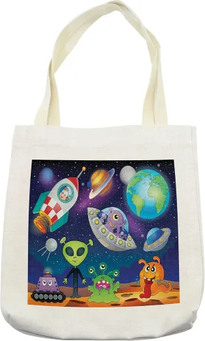 Lunarable Outer Space Tote Bag, Planet Fantasy on Interstellar Terrain with Astronaut Cosmonaut and Aliens, Cloth Linen Reusable Bag for Shopping Books Beach and More, 16.5" X 14", Cream