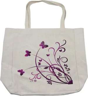 Lunarable Purple Butterfly Shopping Bag, Fictional Abstract Flying Swallowtails and Swirling Wild Herb Leaves, Eco-Friendly Reusable Bag for Groceries Beach and More, 15.5" X 14.5", Cream