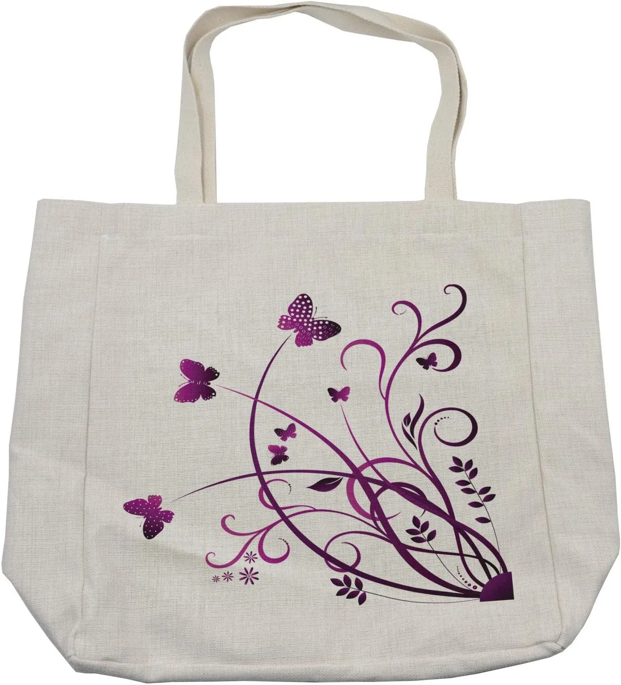 Lunarable Purple Butterfly Shopping Bag, Fictional Abstract Flying Swallowtails and Swirling Wild Herb Leaves, Eco-Friendly Reusable Bag for Groceries Beach and More, 15.5" X 14.5", Cream