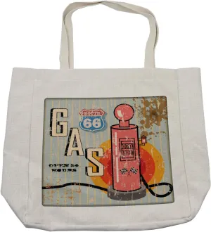Lunarable Route 66 Shopping Bag, Grunge Retro Gas Station Sign Fuel Vintage Destinations Poster Old Graphic, Eco-Friendly Reusable Bag for Groceries Beach and More, 15.5" X 14.5", Cream