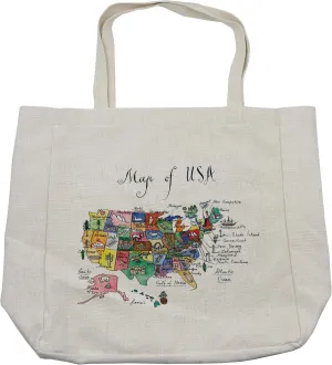 Lunarable USA Map Shopping Bag, American Plan with Symbolic Cultural Elements of the States Folk Local Print, Eco-Friendly Reusable Bag for Groceries Beach and More, 15.5" X 14.5", Cream