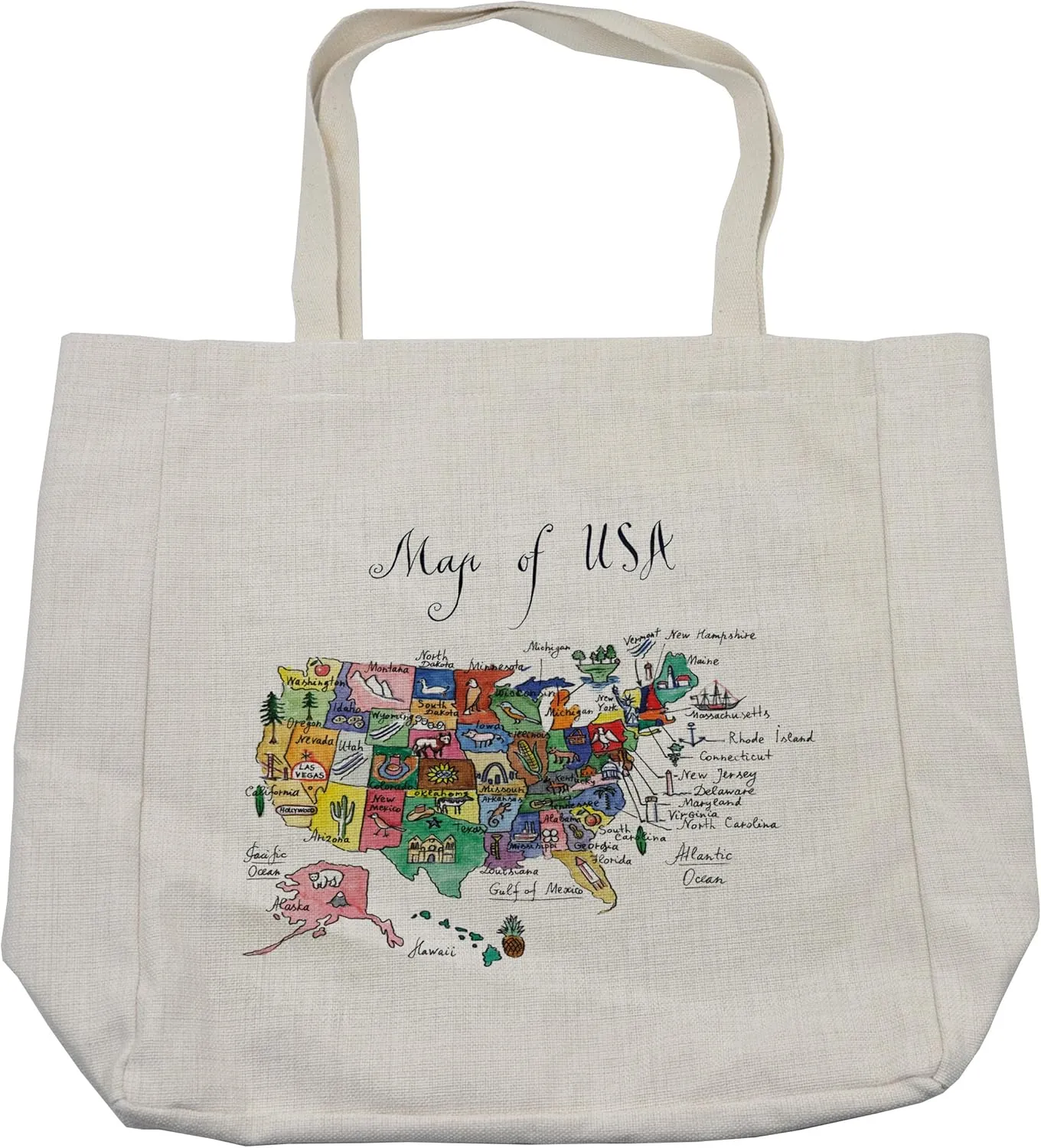Lunarable USA Map Shopping Bag, American Plan with Symbolic Cultural Elements of the States Folk Local Print, Eco-Friendly Reusable Bag for Groceries Beach and More, 15.5" X 14.5", Cream