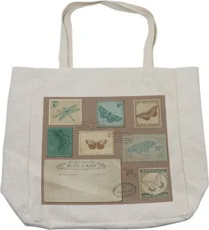 Lunarable Vintage Shopping Bag, Postcard and Postage Stamps with Butterflies and Dragonfly, Eco-Friendly Reusable Bag for Groceries Beach and More, 15.5" X 14.5", Cream