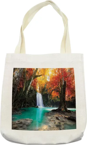 Lunarable Waterfall Tote Bag, Deep Forest and Waterfall Runoff Autumn Fall Seasonal Forest Print, Cloth Linen Reusable Bag for Shopping Books Beach and More, 16.5" X 14", Cream