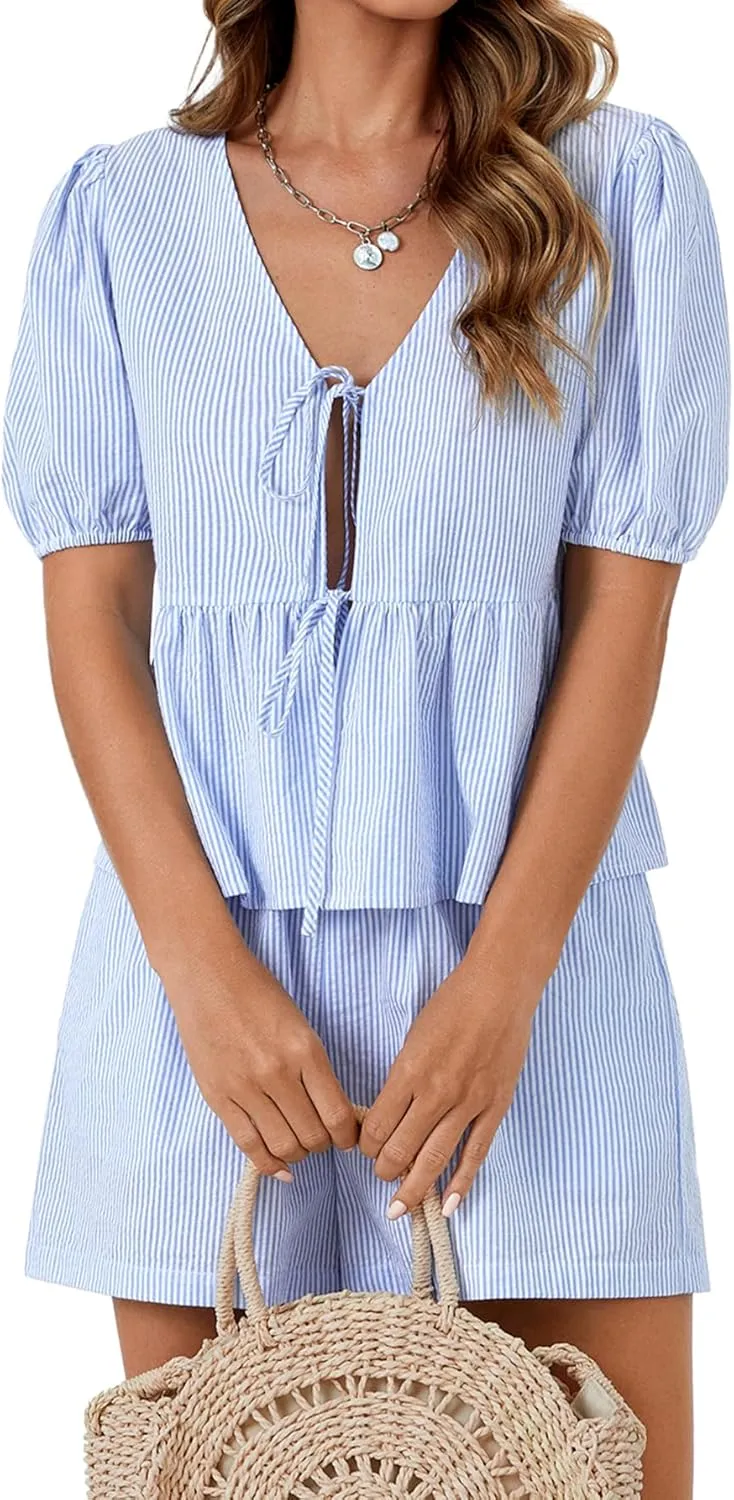 LYANER Women's 2 Piece Striped Outfits V Neck Tie Front Puff Sleeve Peplum Top Baggy Shorts Summer Cute Beach Sets