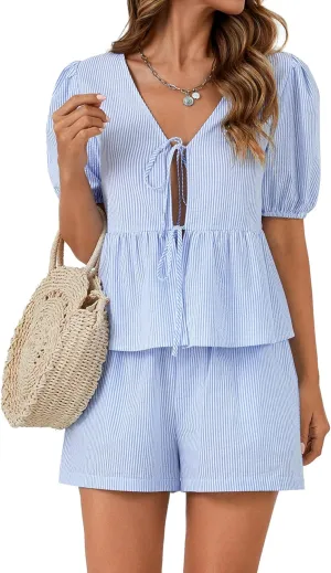 LYANER Women's 2 Piece Striped Outfits V Neck Tie Front Puff Sleeve Peplum Top Baggy Shorts Summer Cute Beach Sets