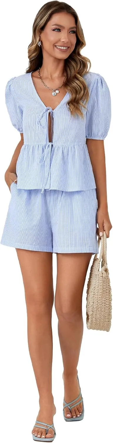 LYANER Women's 2 Piece Striped Outfits V Neck Tie Front Puff Sleeve Peplum Top Baggy Shorts Summer Cute Beach Sets