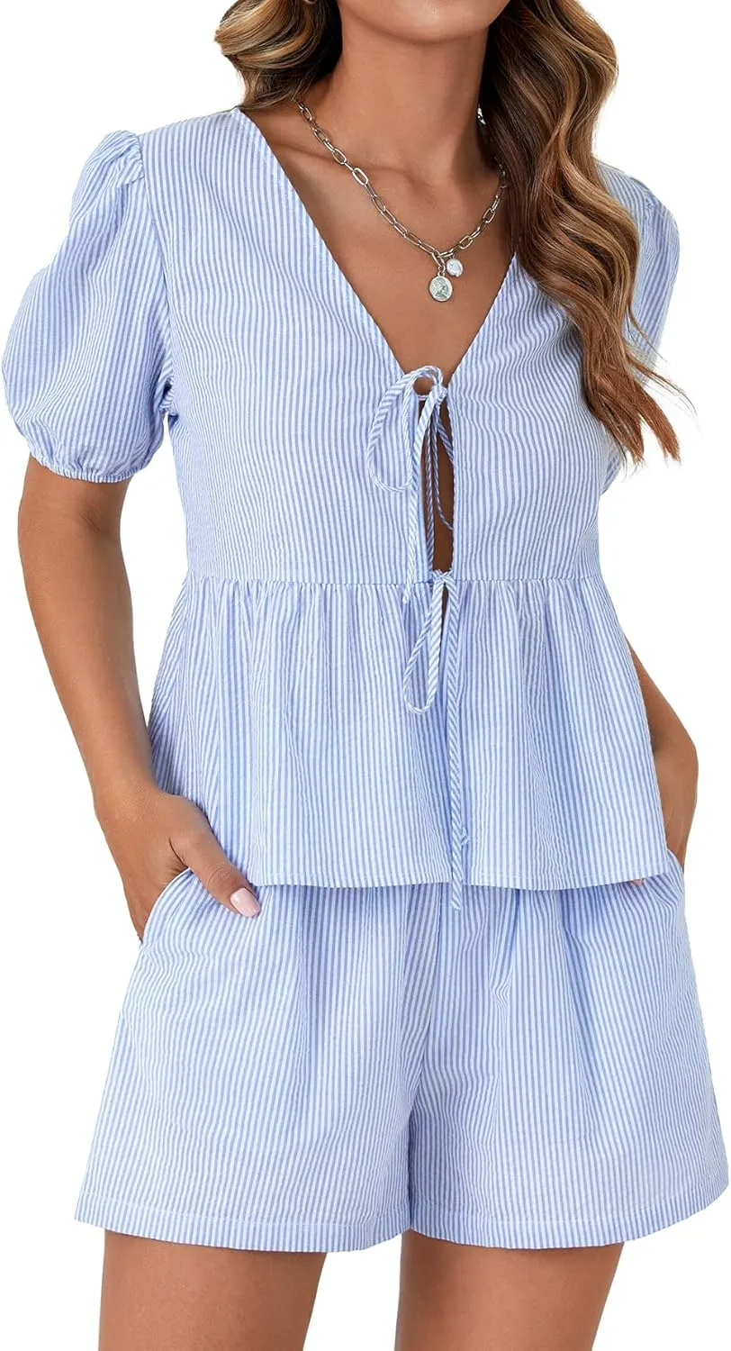 LYANER Women's 2 Piece Striped Outfits V Neck Tie Front Puff Sleeve Peplum Top Baggy Shorts Summer Cute Beach Sets
