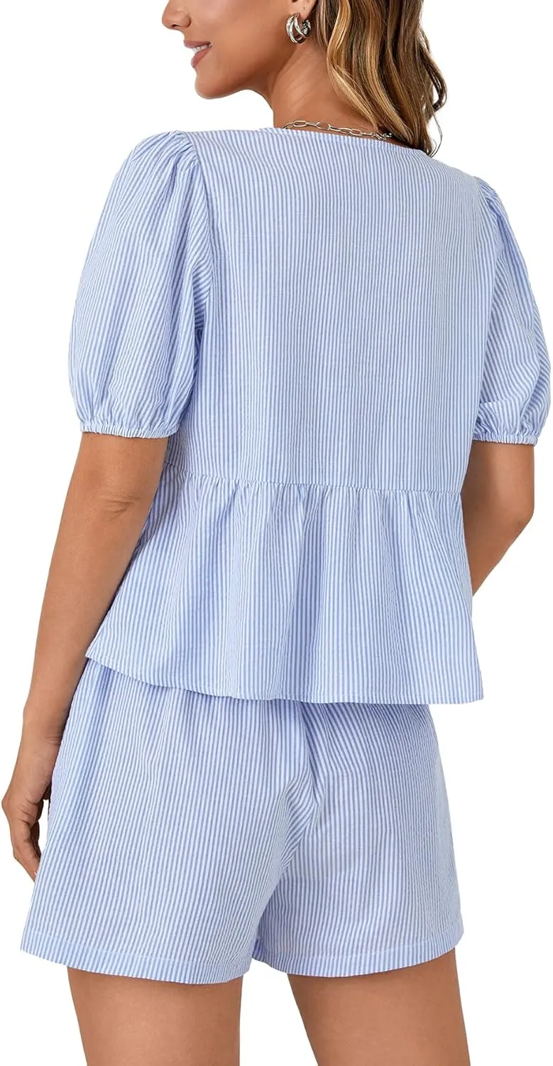 LYANER Women's 2 Piece Striped Outfits V Neck Tie Front Puff Sleeve Peplum Top Baggy Shorts Summer Cute Beach Sets